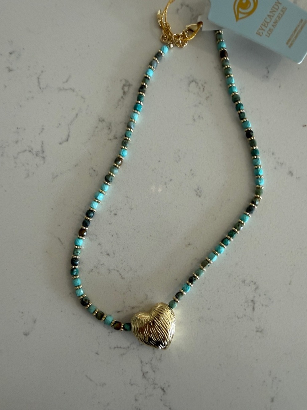 NWT Eye Candy Los Angeles Turquoise Beaded Necklace with Gold Heart Pendant